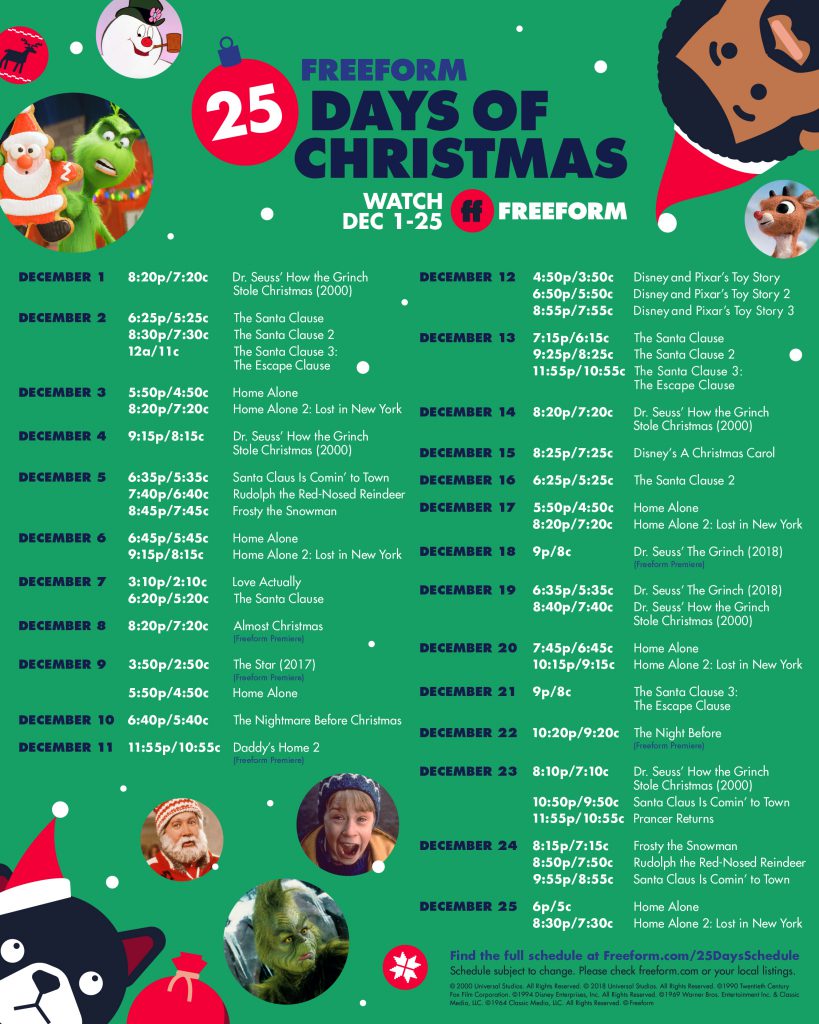 Freeform’s “25 Days of Christmas” programming schedule